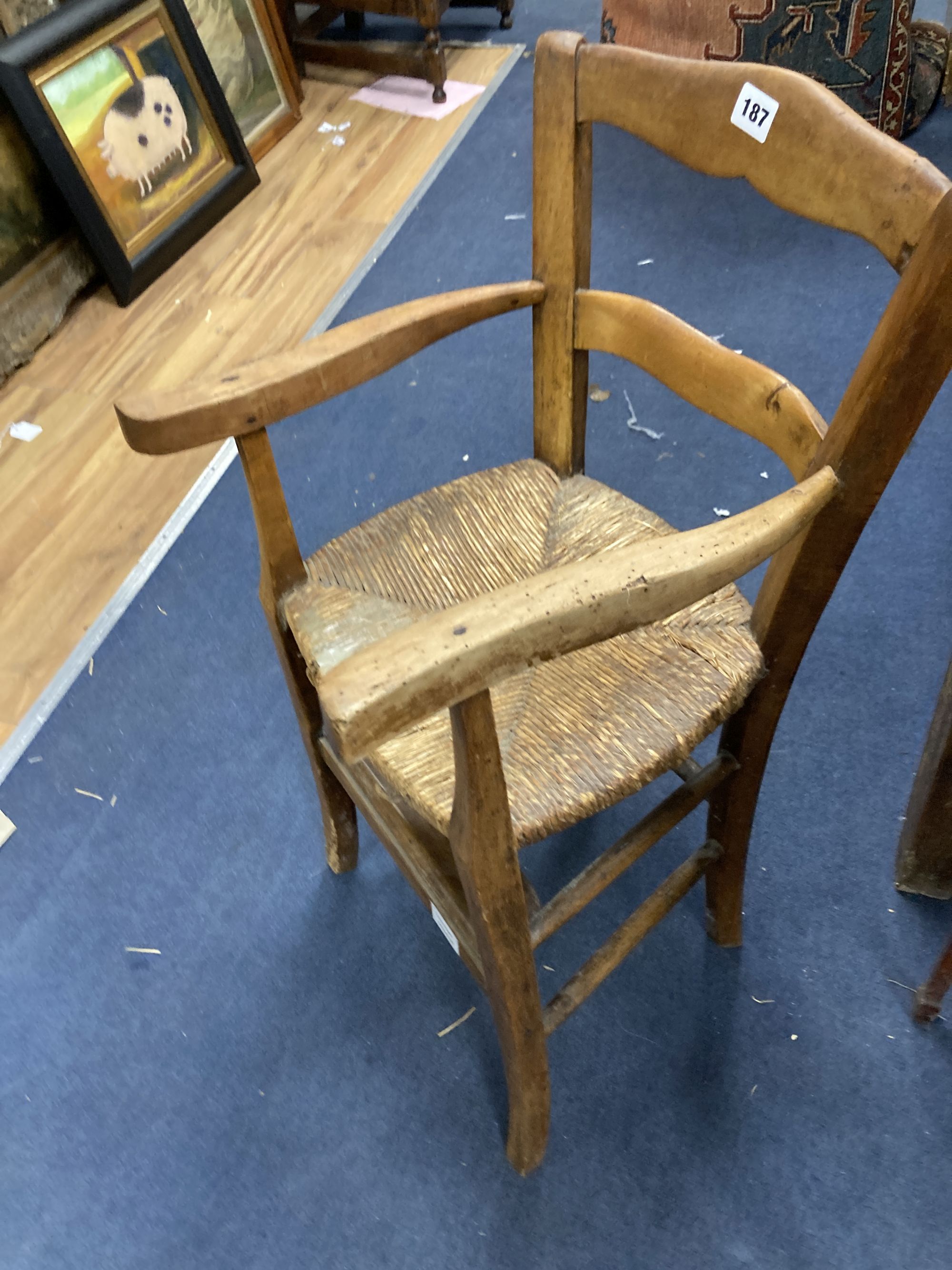 A fruitwood childs chair and a bobbin holder